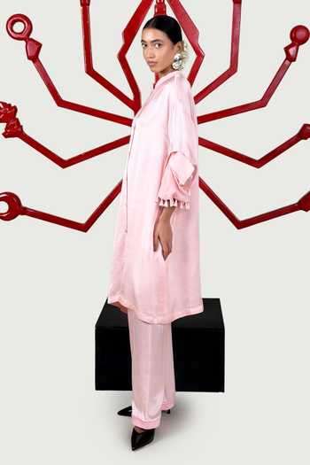 Saim_Pink Silk, Satin Mandarin Collar Kurta And Pant Set _Online_at_Aza_Fashions