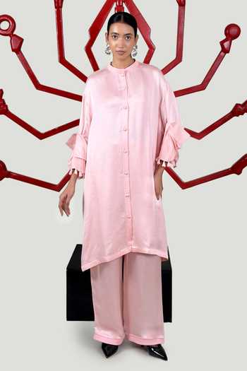 Buy_Saim_Pink Silk, Satin Mandarin Collar Kurta And Pant Set _at_Aza_Fashions