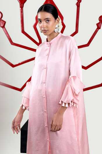 Buy_Saim_Pink Silk, Satin Mandarin Collar Kurta And Pant Set _Online_at_Aza_Fashions