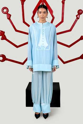 Buy_Saim_Sky Blue Chanderi, Satin, Silk Mandarin Collar Ribbed Patchwork Kurta And Pant Set _at_Aza_Fashions
