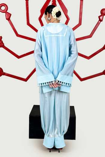 Shop_Saim_Sky Blue Chanderi, Satin, Silk Mandarin Collar Ribbed Patchwork Kurta And Pant Set _at_Aza_Fashions