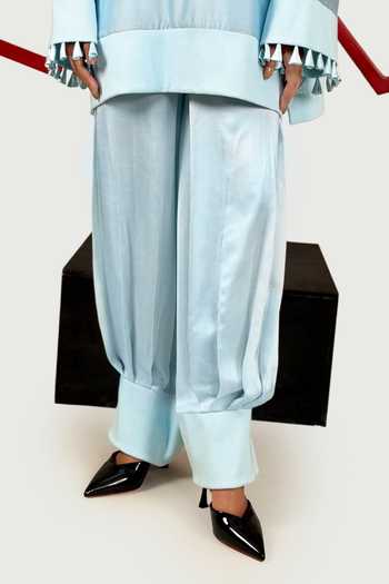 Saim_Sky Blue Chanderi, Satin, Silk Mandarin Collar Ribbed Patchwork Kurta And Pant Set _Online_at_Aza_Fashions