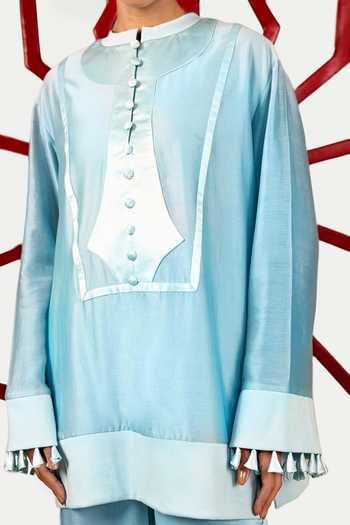 Buy_Saim_Sky Blue Chanderi, Satin, Silk Mandarin Collar Ribbed Patchwork Kurta And Pant Set _Online_at_Aza_Fashions