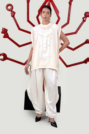 Buy_Saim_Off White Silk, Satin Round Neck Patchwork Yoke Vest And Trouser Set _at_Aza_Fashions