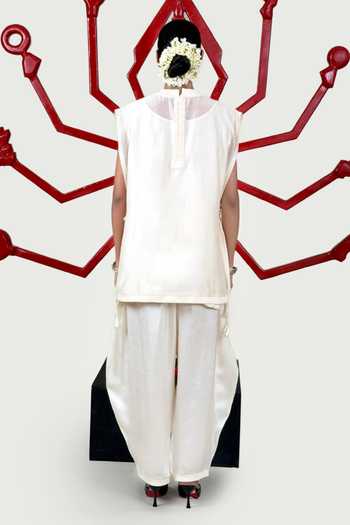 Shop_Saim_Off White Silk, Satin Round Neck Patchwork Yoke Vest And Trouser Set _at_Aza_Fashions