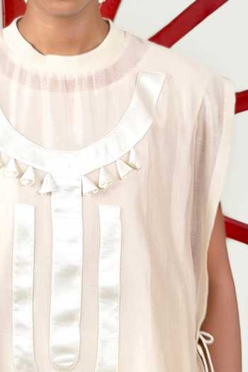 Saim_Off White Silk, Satin Round Neck Patchwork Yoke Vest And Trouser Set _Online_at_Aza_Fashions