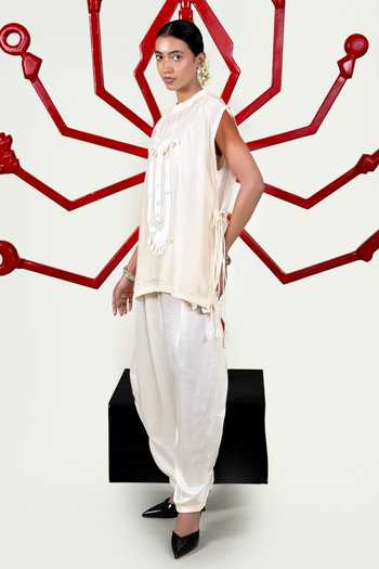 Shop_Saim_Off White Silk, Satin Round Neck Patchwork Yoke Vest And Trouser Set _Online_at_Aza_Fashions