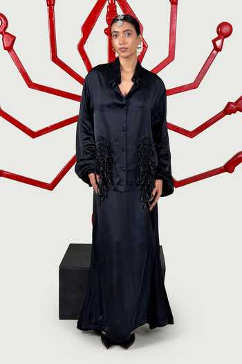 Buy_Saim_Black Silk, Satin, Jersey Collared Neck Cord Bow Top And Godet Skirt Set _at_Aza_Fashions