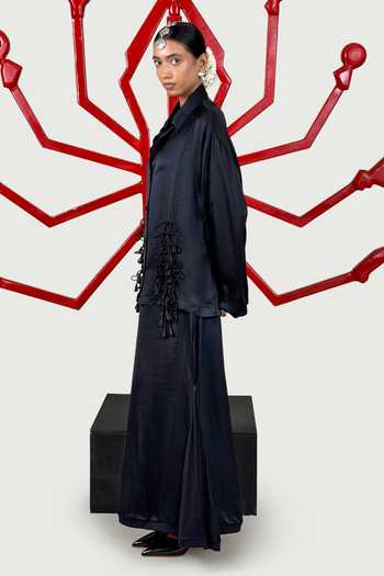 Saim_Black Silk, Satin, Jersey Collared Neck Cord Bow Top And Godet Skirt Set _Online_at_Aza_Fashions