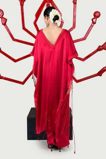 Shop_Saim_Red Silk, Satin V-neck Kaftan And Pant Set _at_Aza_Fashions
