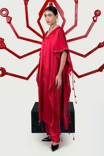 Saim_Red Silk, Satin V-neck Kaftan And Pant Set _Online_at_Aza_Fashions