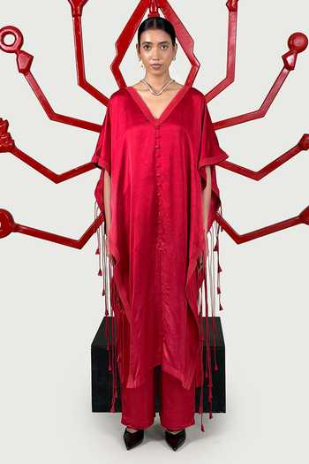 Buy_Saim_Red Silk, Satin V-neck Kaftan And Pant Set _at_Aza_Fashions