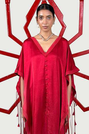 Buy_Saim_Red Silk, Satin V-neck Kaftan And Pant Set _Online_at_Aza_Fashions