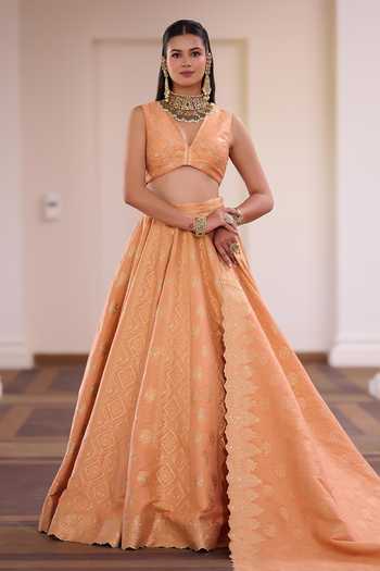 Safaa_Orange Vegan Silk, Shantoon V-neck Motichoor Ladoo Bandhani Lehenga Set _Online_at_Aza_Fashions