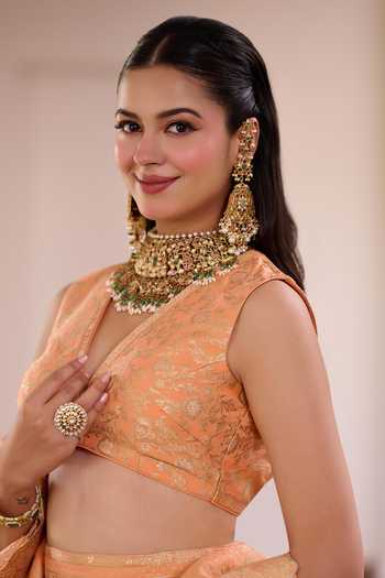 Buy_Safaa_Orange Vegan Silk, Shantoon V-neck Motichoor Ladoo Bandhani Lehenga Set _Online_at_Aza_Fashions