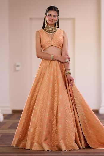 Shop_Safaa_Orange Vegan Silk, Shantoon V-neck Motichoor Ladoo Bandhani Lehenga Set _Online_at_Aza_Fashions