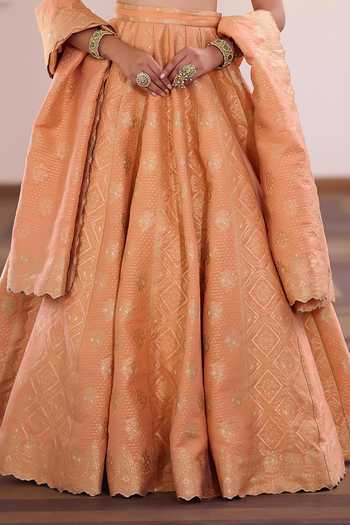 Safaa_Orange Vegan Silk, Shantoon V-neck Motichoor Ladoo Bandhani Lehenga Set _at_Aza_Fashions