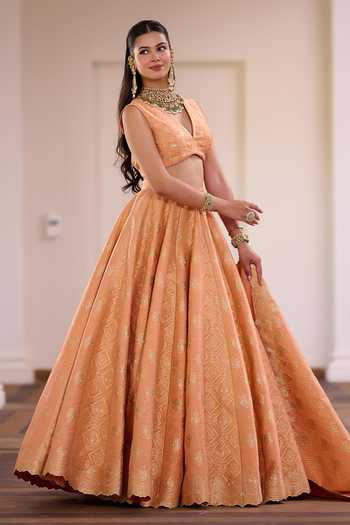 Shop_Safaa_Orange Vegan Silk, Shantoon V-neck Motichoor Ladoo Bandhani Lehenga Set _at_Aza_Fashions