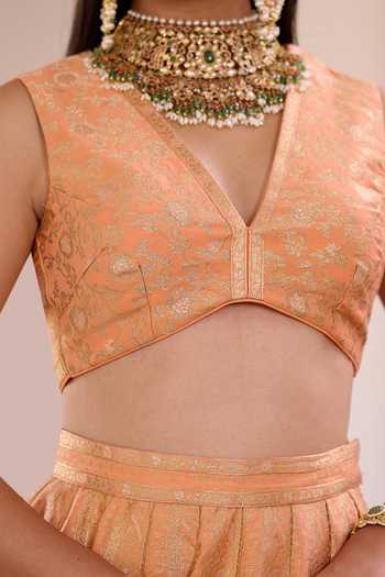 Buy_Safaa_Orange Vegan Silk, Shantoon V-neck Motichoor Ladoo Bandhani Lehenga Set 
