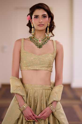 Shop_Safaa_Green Vegan Silk Sweetheart Neck Pista Kaju Barfi Bandhani Lehenga Set _Online_at_Aza_Fashions