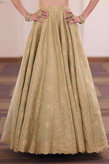 Safaa_Green Vegan Silk Sweetheart Neck Pista Kaju Barfi Bandhani Lehenga Set _at_Aza_Fashions
