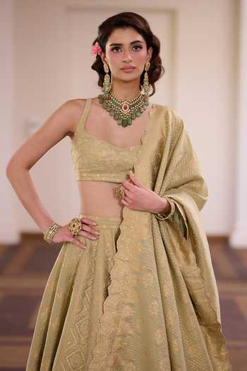 Shop_Safaa_Green Vegan Silk Sweetheart Neck Pista Kaju Barfi Bandhani Lehenga Set 