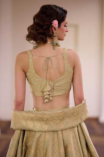 Shop_Safaa_Green Vegan Silk Sweetheart Neck Pista Kaju Barfi Bandhani Lehenga Set _at_Aza_Fashions