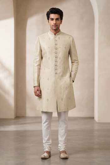 Buy_Vanshik_Peach Brocade Silk Sherwani Set _at_Aza_Fashions