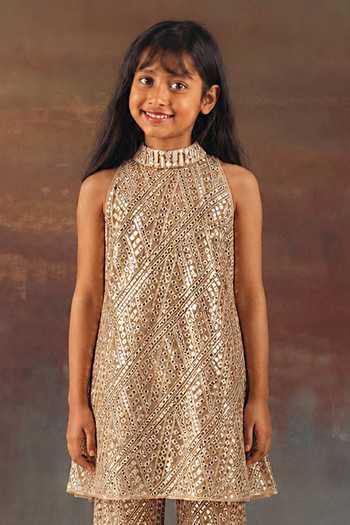 Shop_Twenty Nine_Gold Tissue, Net Mirrors Work Tunic And Bell Bottom Pant Set _Online_at_Aza_Fashions