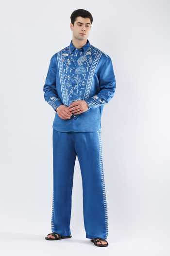 Shop_Limerick By Abirr N' Nanki_Blue Satin, Linen Zev Warli Print Shirt _at_Aza_Fashions