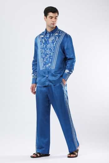 Limerick By Abirr N' Nanki_Blue Satin, Linen Zev Warli Print Shirt _Online_at_Aza_Fashions