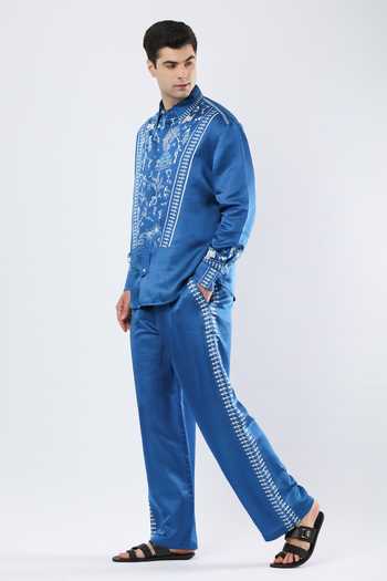 Buy_Limerick By Abirr N' Nanki_Blue Satin, Linen Zev Warli Print Shirt _Online_at_Aza_Fashions