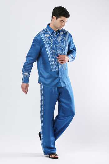 Shop_Limerick By Abirr N' Nanki_Blue Satin, Linen Zev Warli Print Shirt _Online_at_Aza_Fashions
