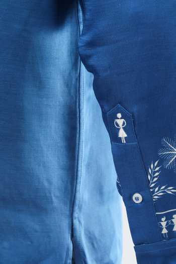 Limerick By Abirr N' Nanki_Blue Satin, Linen Zev Warli Print Shirt _at_Aza_Fashions