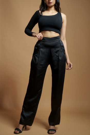 Style Junkiie_Black Satin Pleated Trouser _at_Aza_Fashions