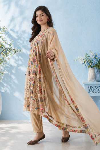Shop_Jhambthreads_Beige Chiffon, Pure Cotton Round Neck, Yes Kurta Set _at_Aza_Fashions