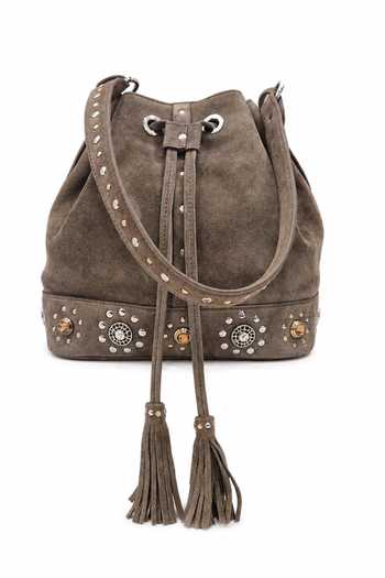 Shop_Araani Design_Grey Metallic Stud Embellished Suede Bag _at_Aza_Fashions