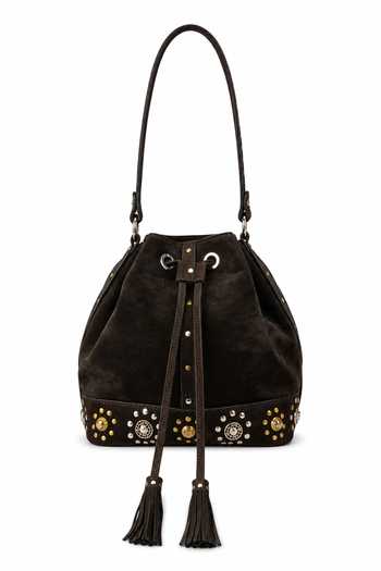 Shop_Araani Design_Brown Suede Metallic Stud Embellished Bag _at_Aza_Fashions