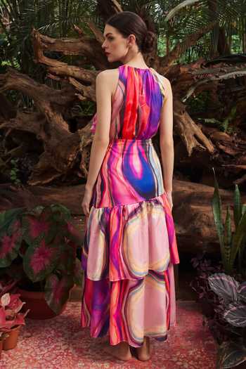 Shop_Arje India_Multi Color Linen High Neck Ombre Print Layered Dress _at_Aza_Fashions