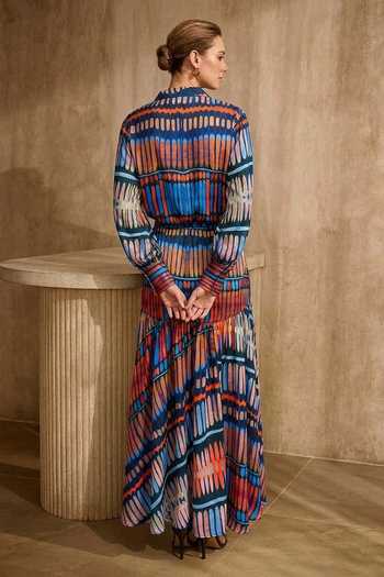 Shop_Arje India_Blue Satin Collared Neck Geometric Print Shirt And Gathered Skirt Set _at_Aza_Fashions