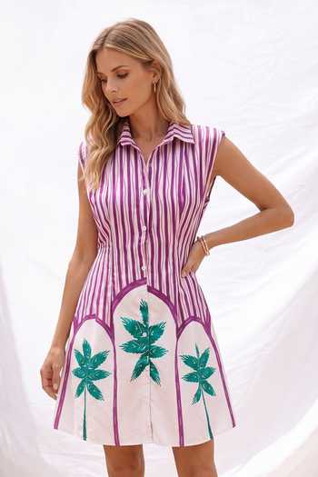 Arje India_Purple Linen Collared Neck Tropical Print Dress _Online_at_Aza_Fashions