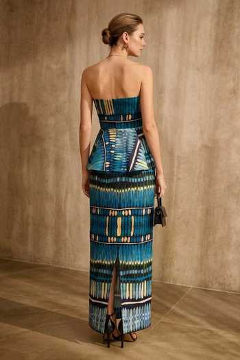 Shop_Arje India_Blue Linen Sweetheart Neck Geometric Print Peplum Top And Pencil Skirt Set _at_Aza_Fashions