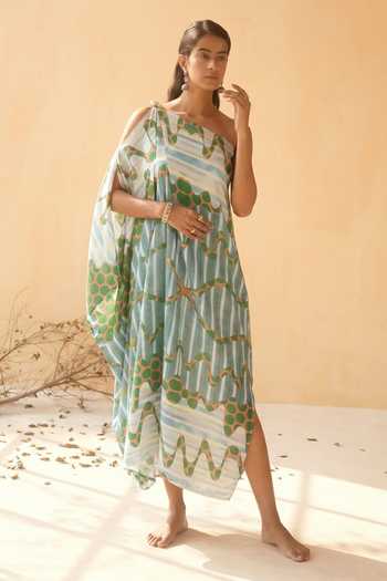 Buy_Arje India_Multi Color Satin One Shoulder Printed Dress _at_Aza_Fashions