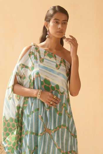 Arje India_Multi Color Satin One Shoulder Printed Dress _Online_at_Aza_Fashions