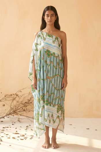 Buy_Arje India_Multi Color Satin One Shoulder Printed Dress _Online_at_Aza_Fashions