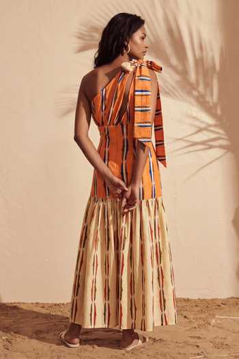 Shop_Arje India_Orange Linen One Shoulder Print Knot Dress _at_Aza_Fashions