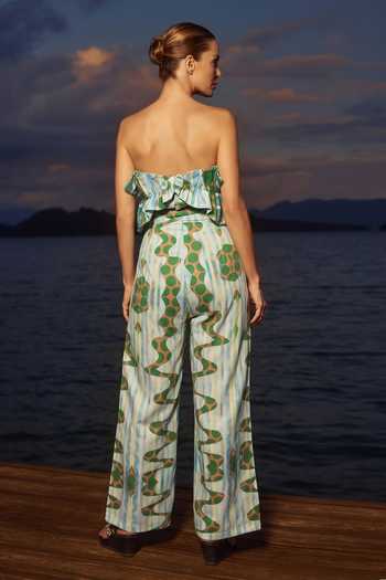 Shop_Arje India_Multi Color Linen Bandeau Neck Polka Dot Print Tube Ruffle Jumpsuit _at_Aza_Fashions