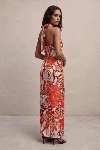 Shop_Arje India_Red Linen Halter Neck Abstract Print Dress _at_Aza_Fashions
