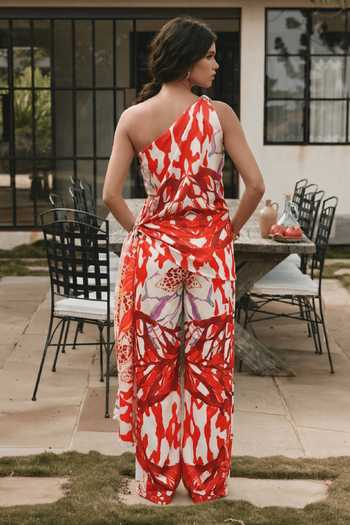 Shop_Arje India_Multi Color Linen One Shoulder Abstract Reed Print Draped Top With Pant _at_Aza_Fashions