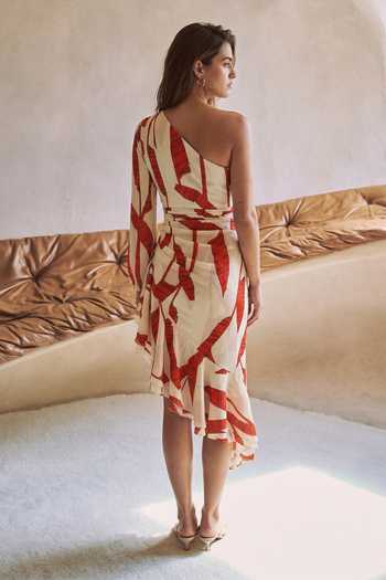 Shop_Arje India_Red Satin One Shoulder Leaf Print Dress _at_Aza_Fashions